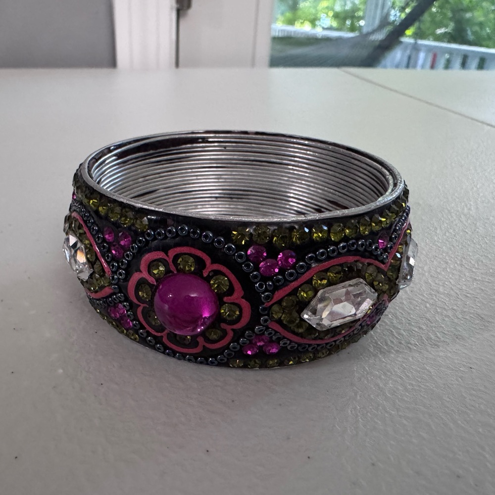 Embellished Pink and Olive Crystal Bangle Bracelet